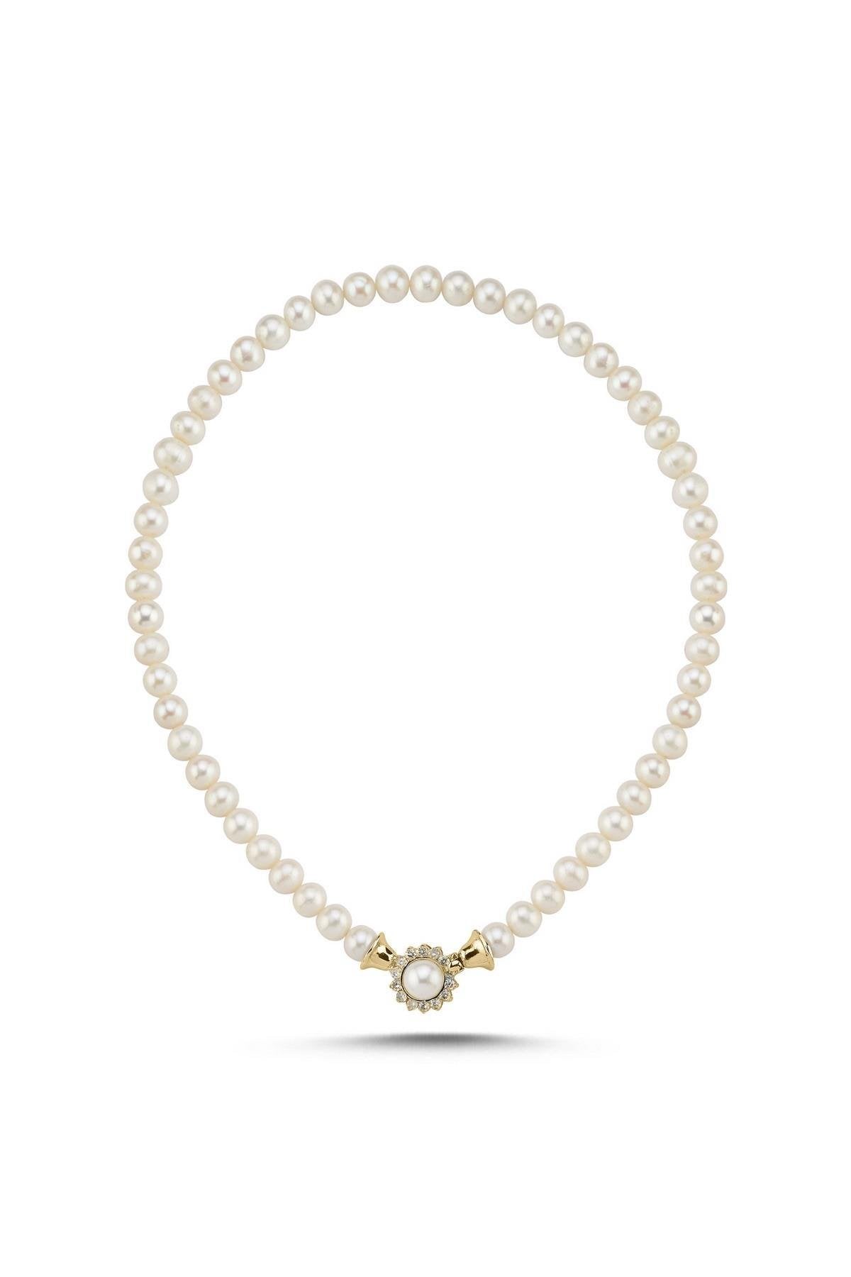 Papatya Zirkon Taşlı Doğal İnci Kolye