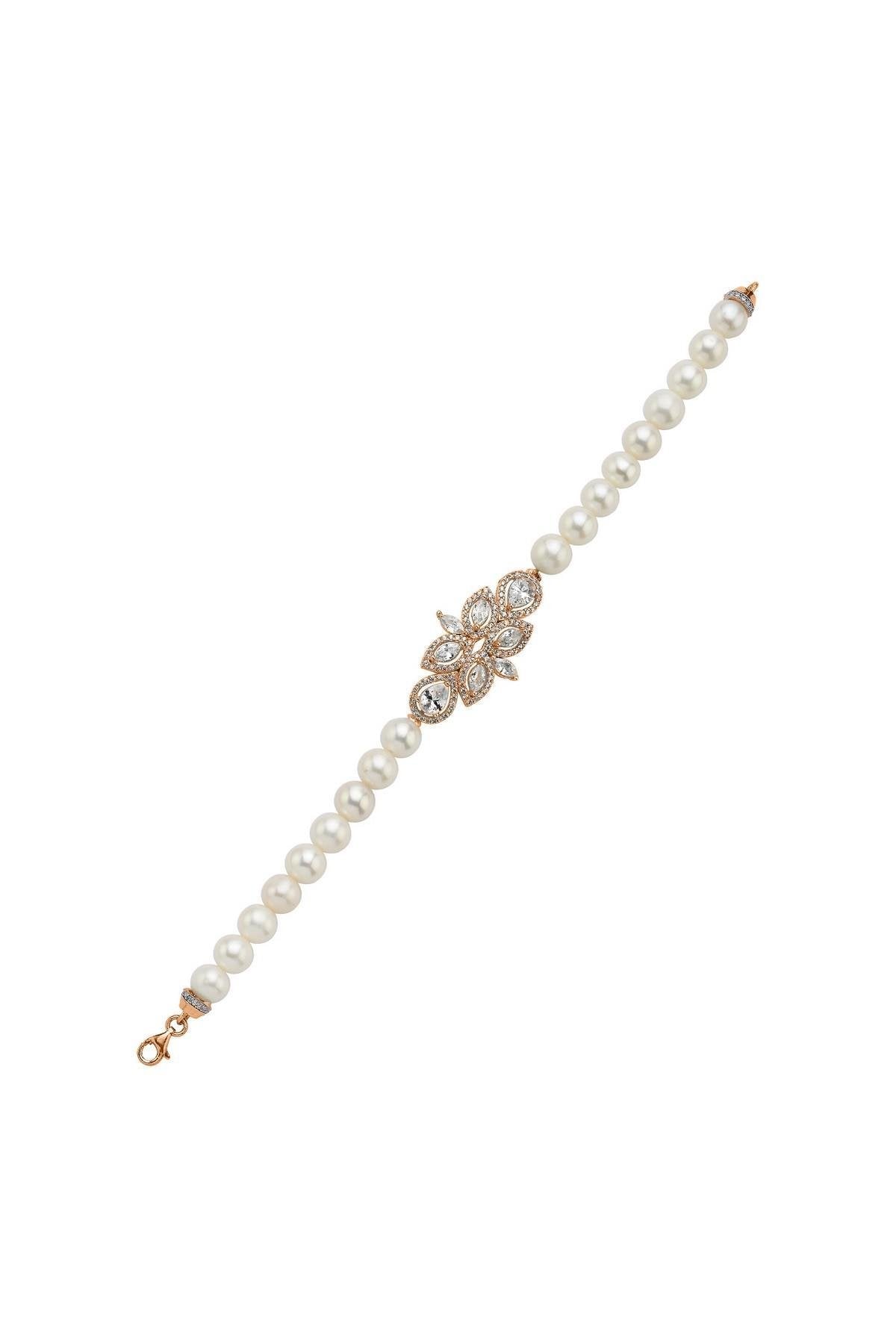 Yaprak Tasarımlı Zirkon Taşlı Doğal İnci Bileklik