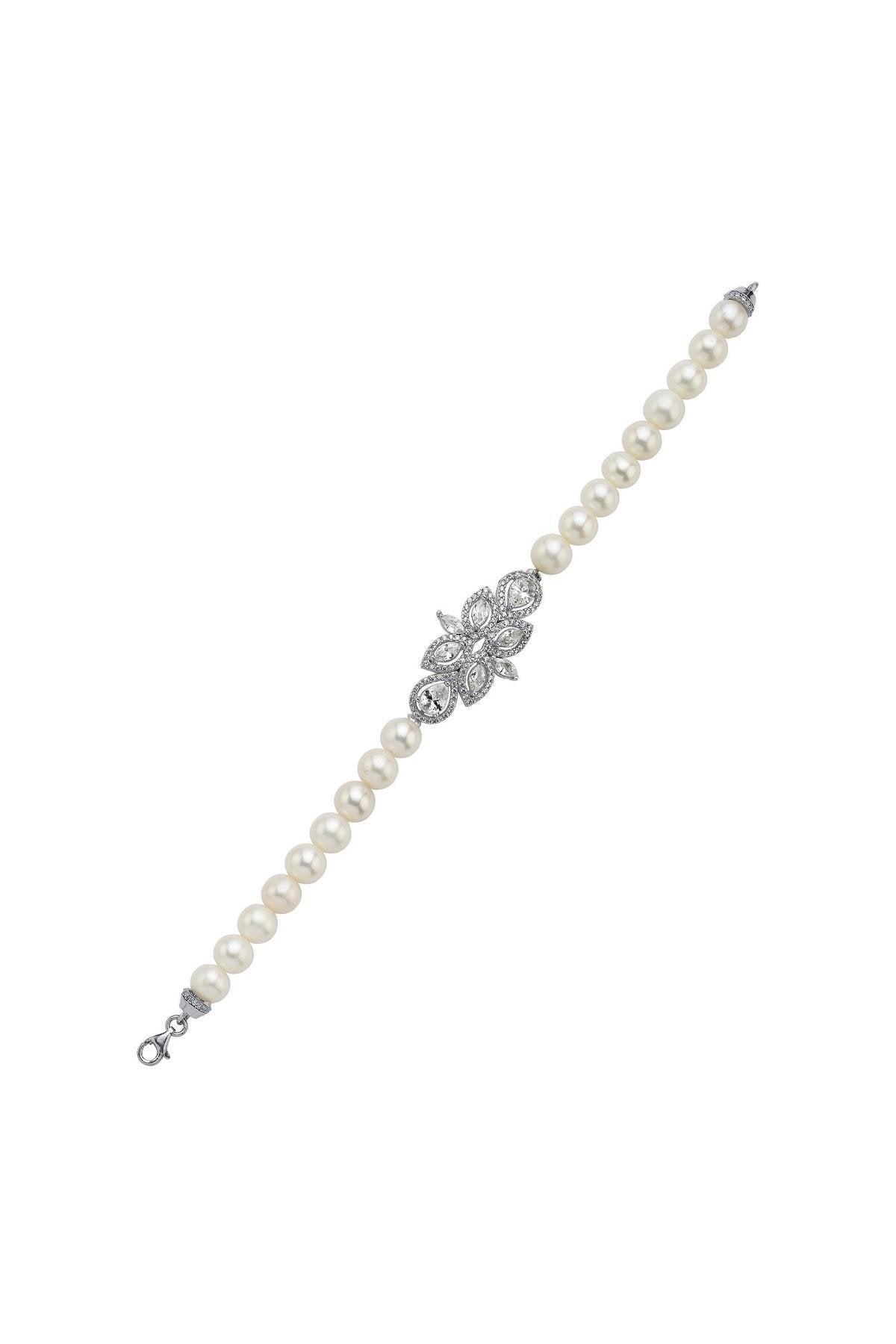 Yaprak Tasarımlı Zirkon Taşlı Doğal İnci Bileklik