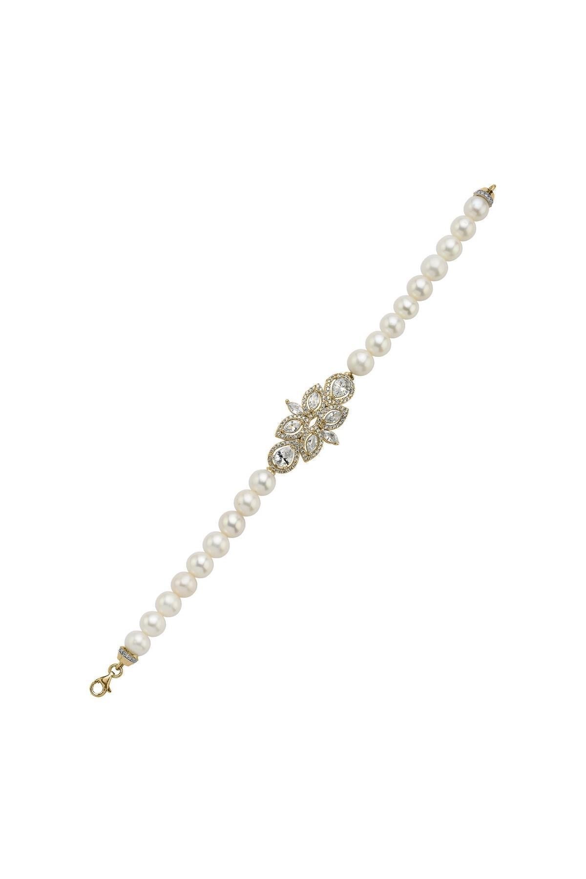 Yaprak Tasarımlı Zirkon Taşlı Doğal İnci Bileklik