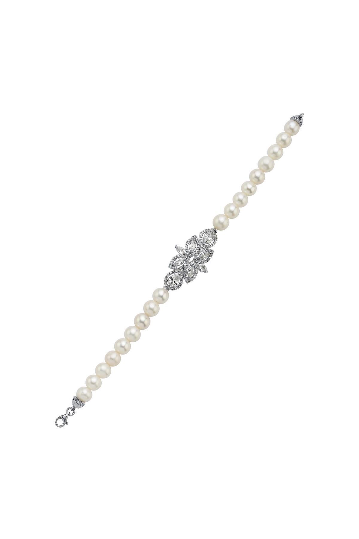 Yaprak Tasarımlı Zirkon Taşlı Doğal İnci Bileklik