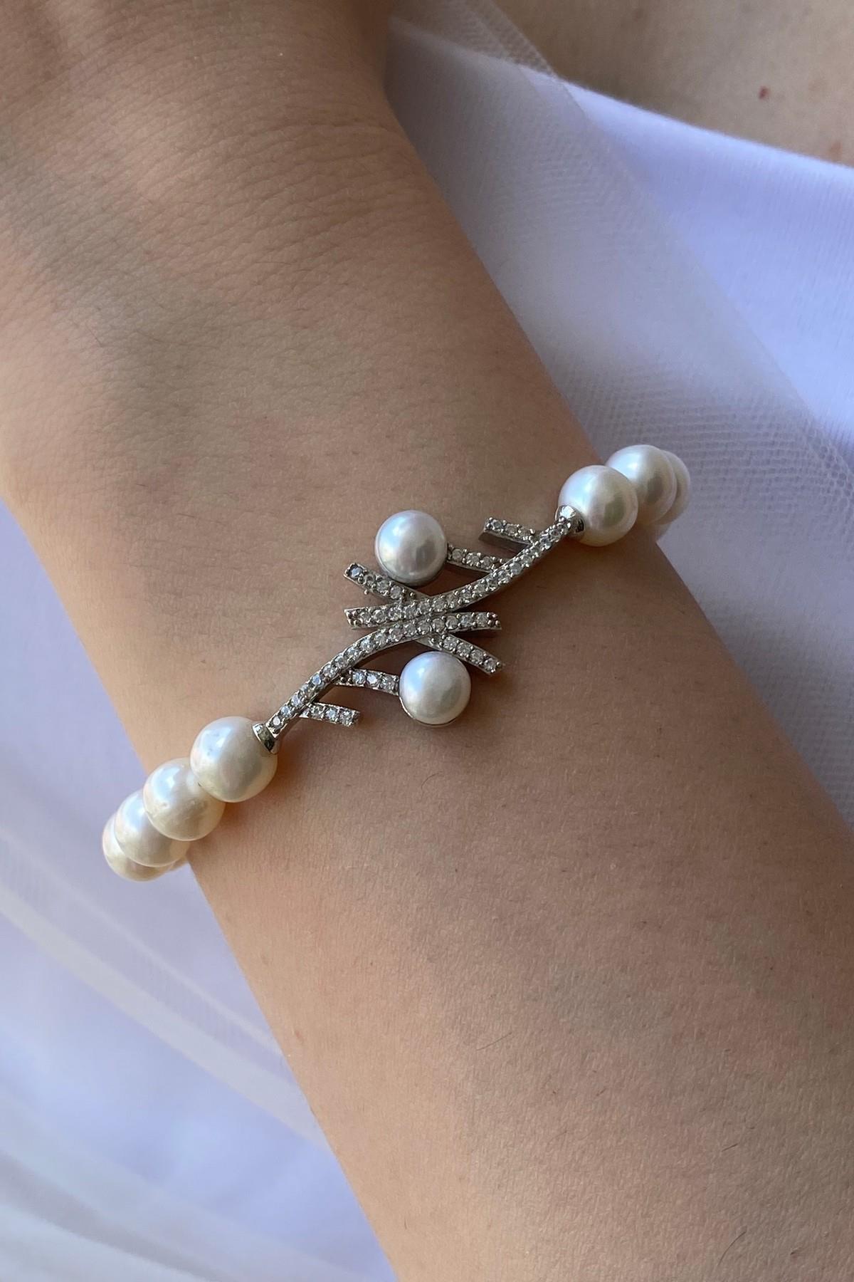 Zirkon Taşlı Doğal İnci Bileklik