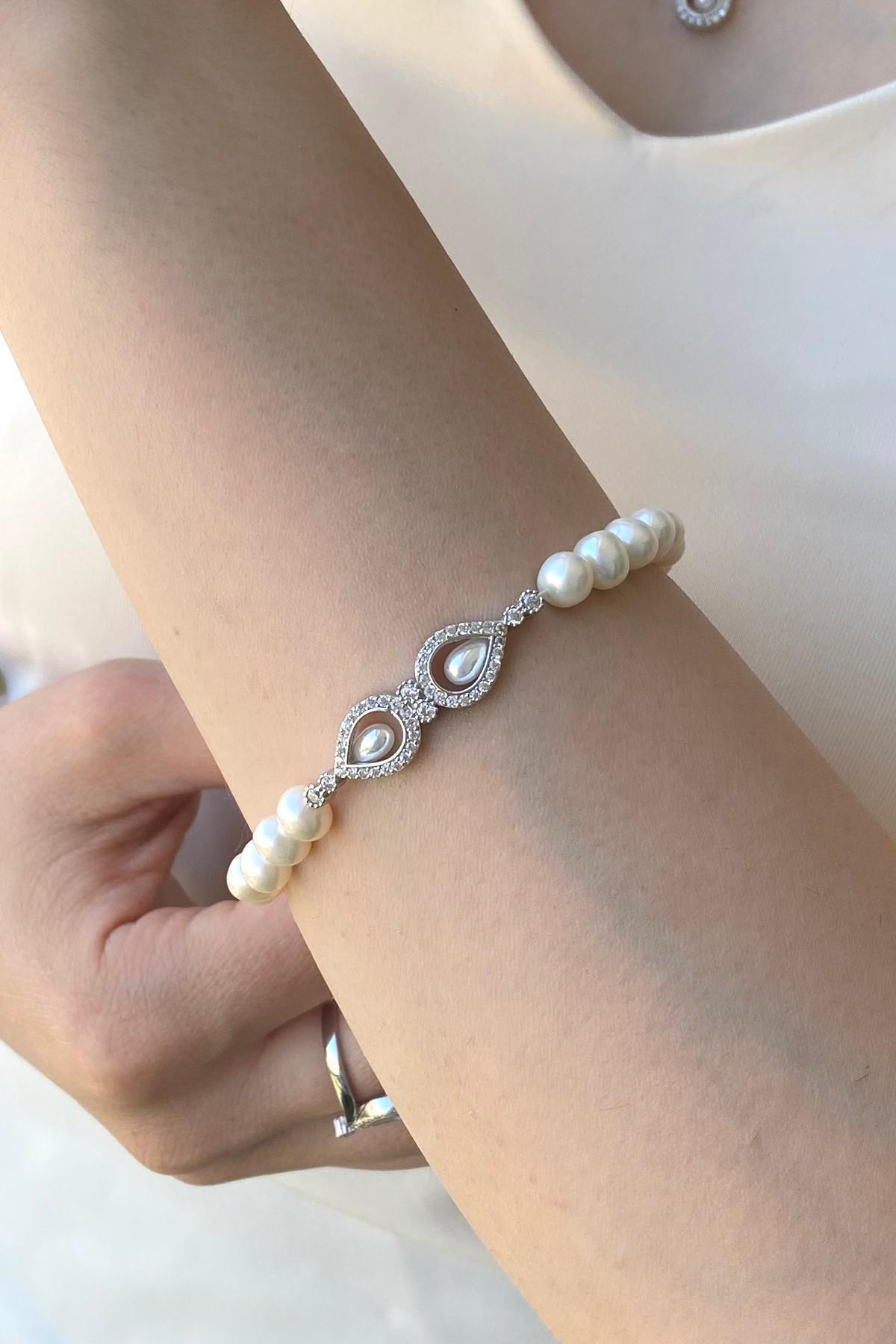 Zirkon Taşlı Doğal İncili Bileklik