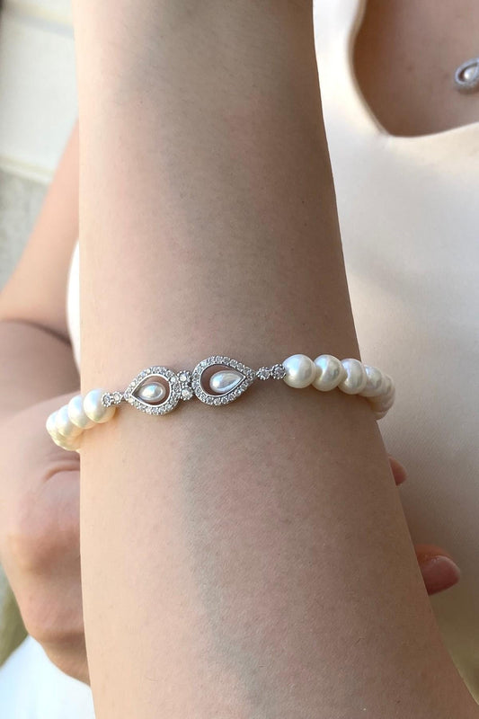 Zirkon Taşlı Doğal İncili Bileklik