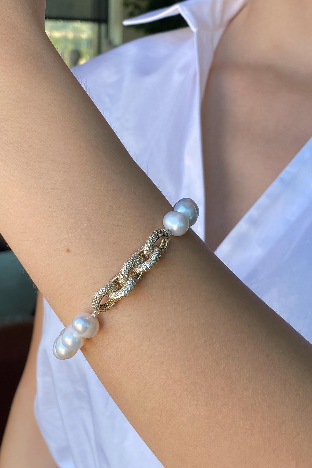 Zirkon Taşlı Halka Zincir Doğal İnci Bileklik