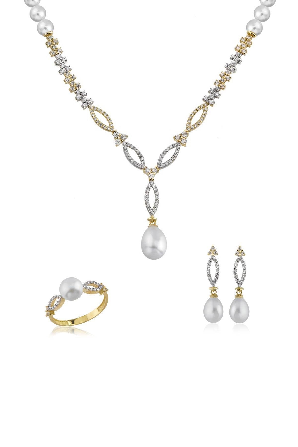 Doğal İnci Küpe Kolye Yüzük Üçlü Set