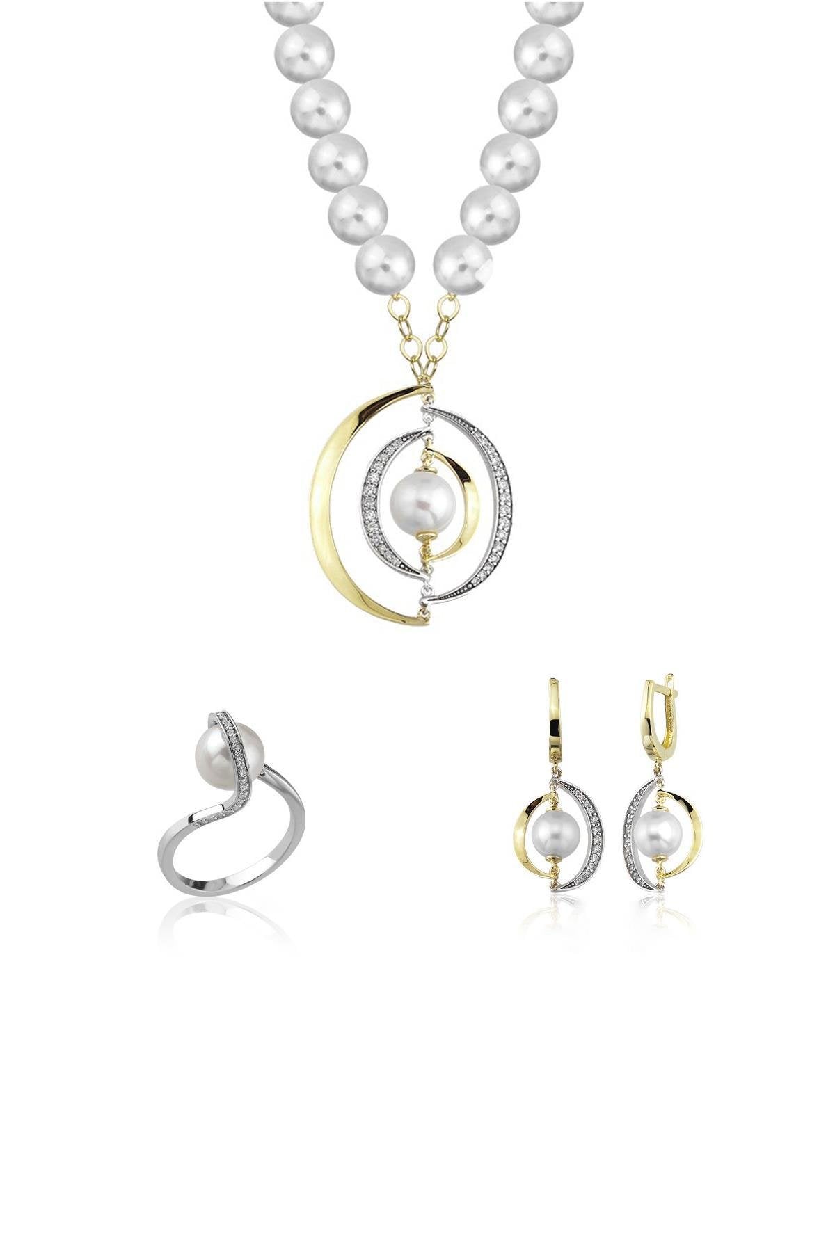 Halka Taşlı Çift Renk Doğal İnci Küpe Kolye Yüzük Üçlü Set
