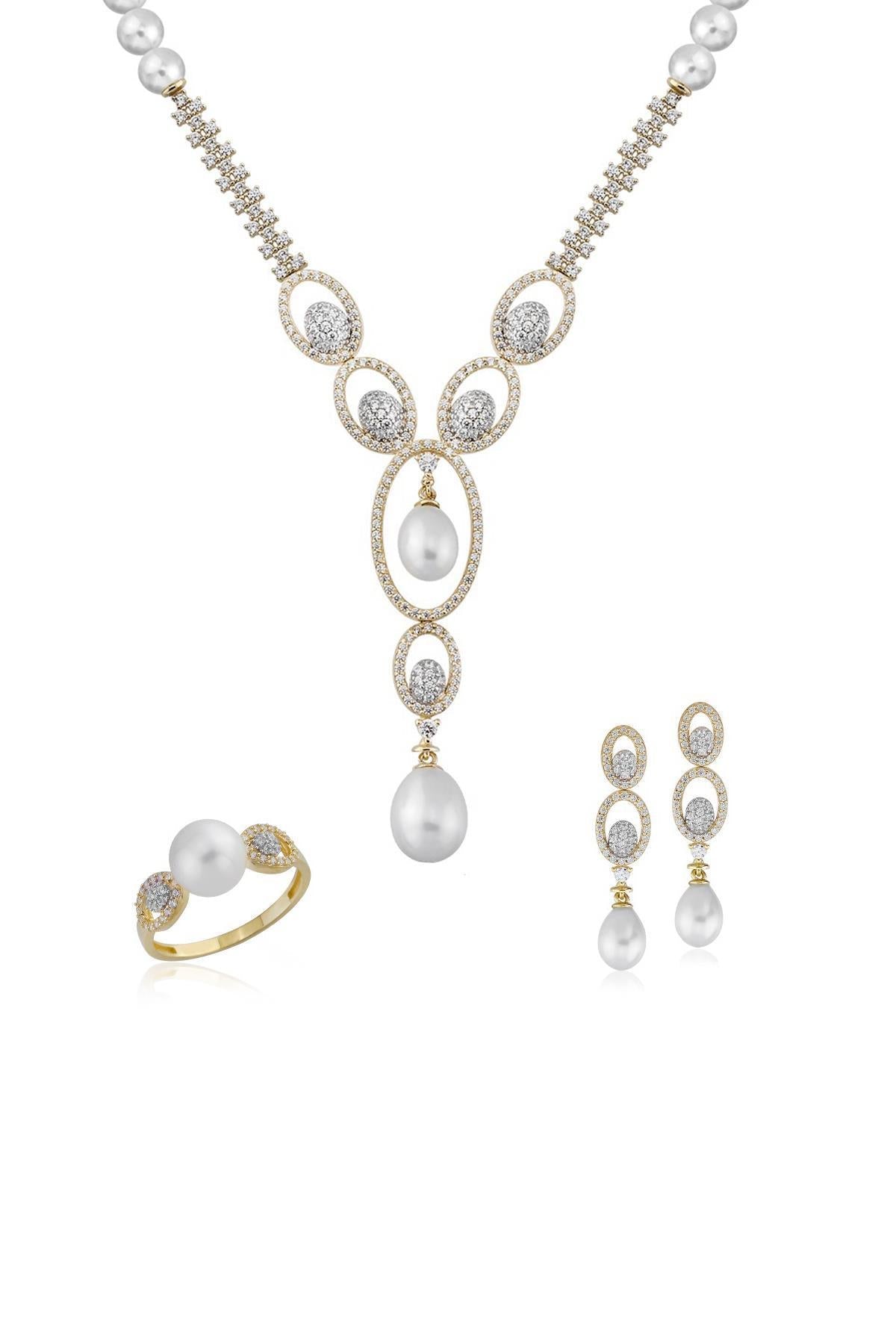 Halka Taşlı Çift Renk Doğal İnci Küpe Kolye Yüzük Üçlü Set