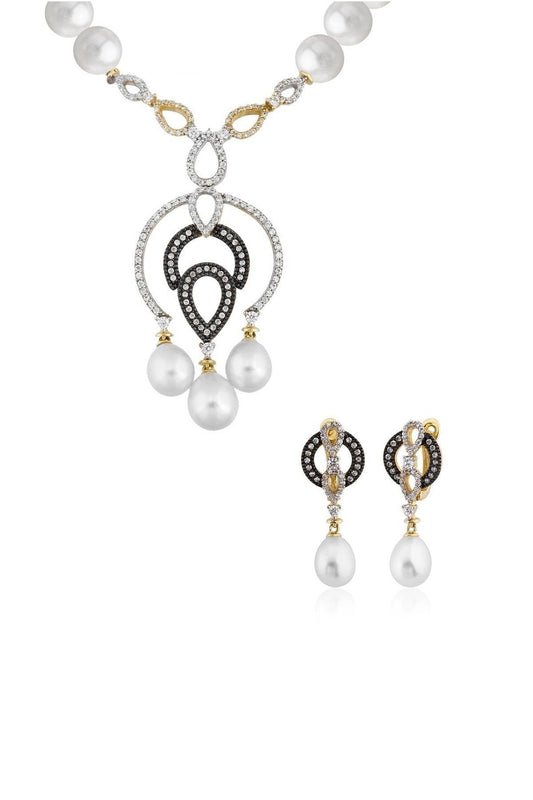 İç İçe Damla Çift Renk Doğal İnci Küpe Kolye İkili Set