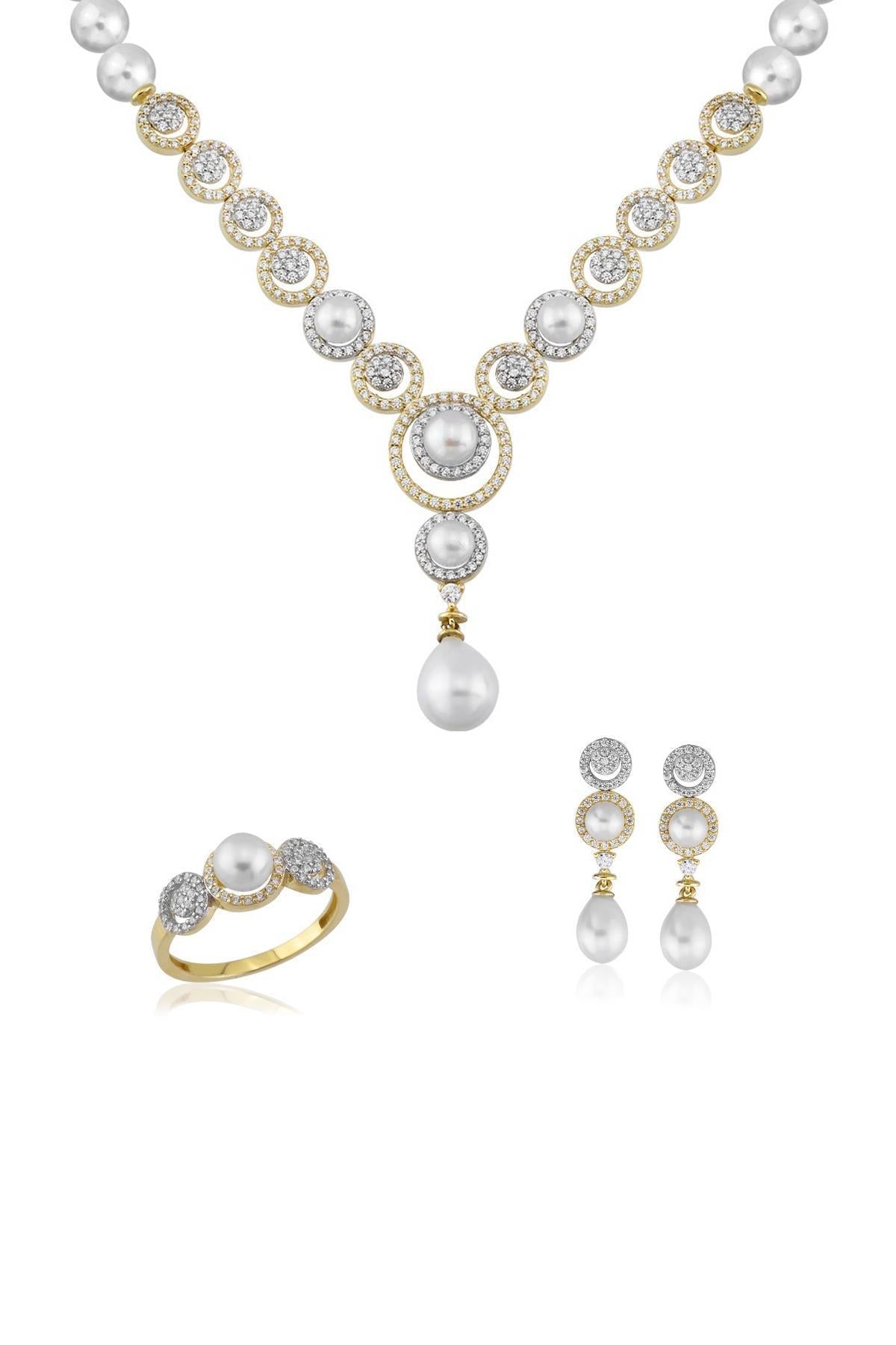 İkili Halka Doğal İncili Küpe Kolye Yüzük Üçlü Set