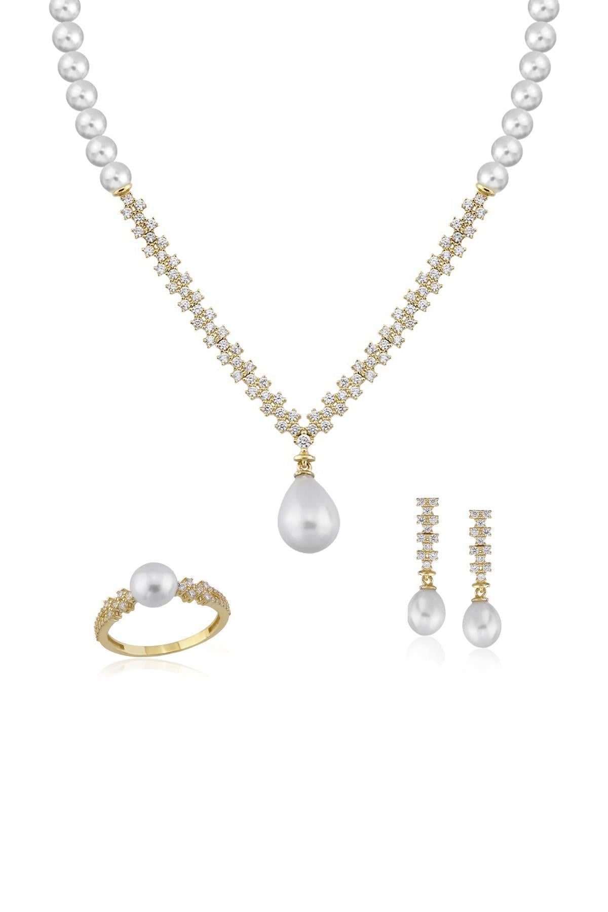 Su Yolu Doğal İnci Küpe Kolye Yüzük Üçlü Set