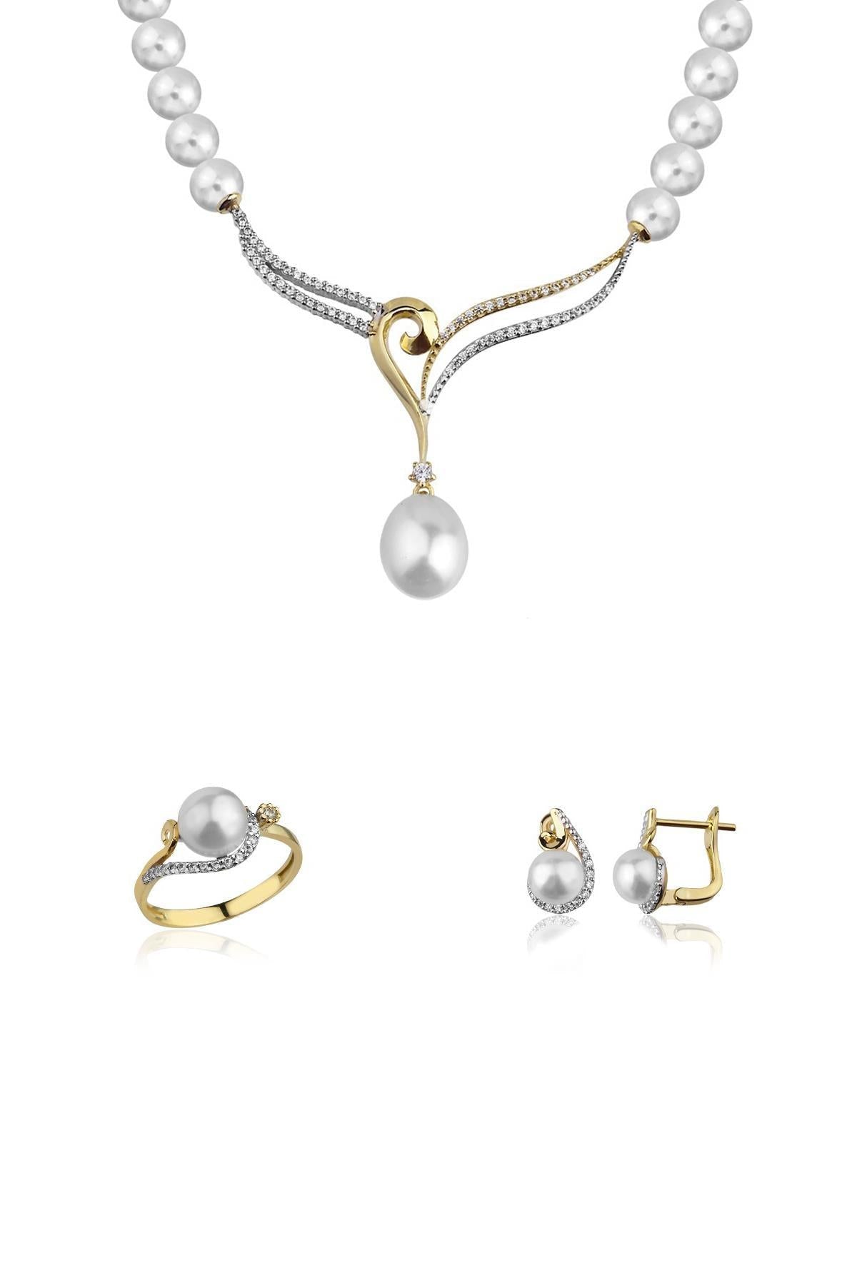 Kanat Çift Renk Doğal İnci Küpe Kolye Yüzük Üçlü Set