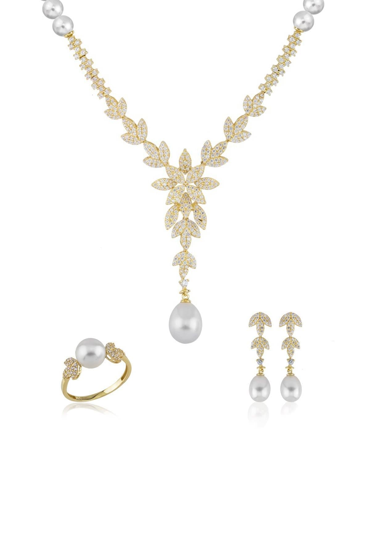 Lotus Çiçek Doğal İnci Küpe Kolye Yüzük Üçlü Set