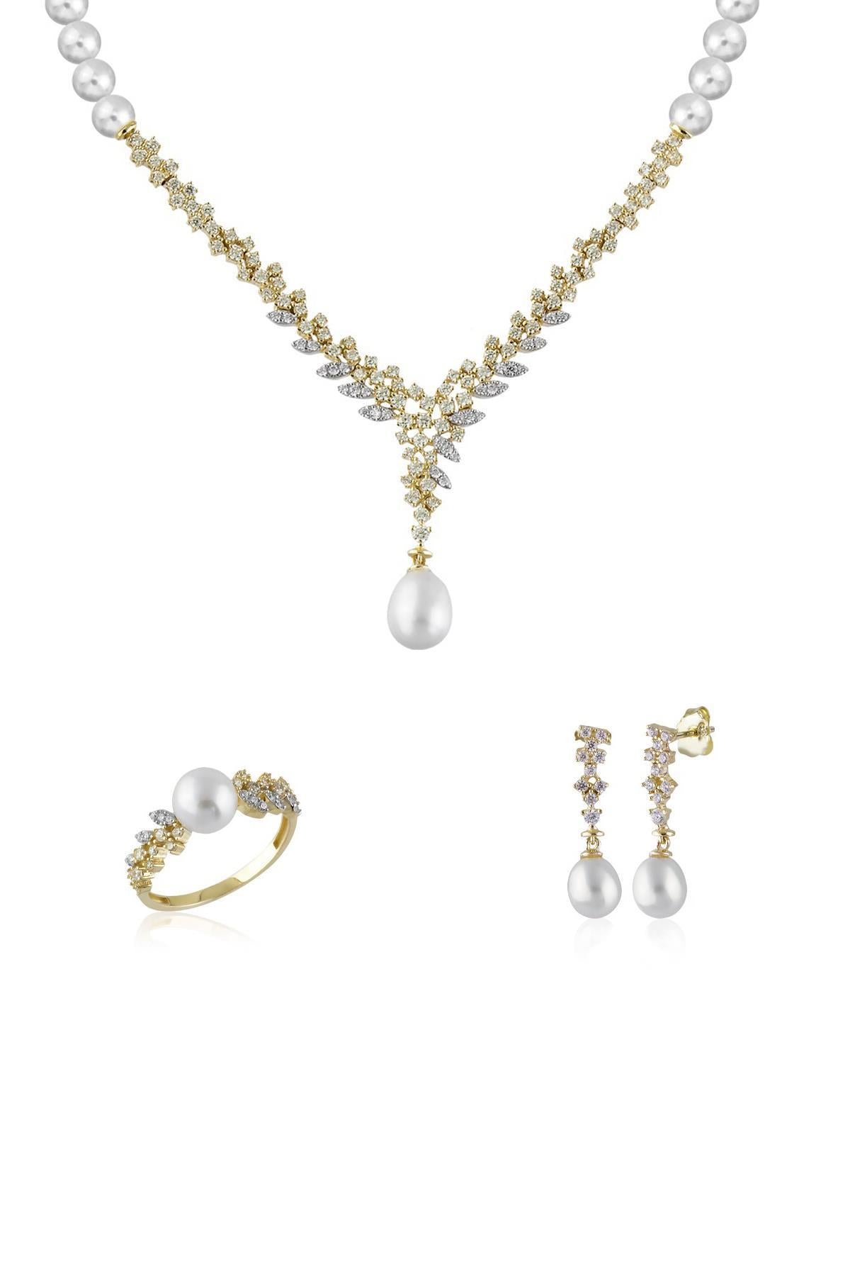 Taşlı Doğal İncili Küpe Kolye Yüzük Üçlü Set