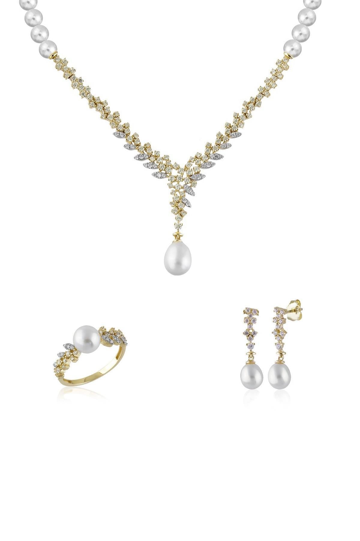 Taşlı Doğal İncili Küpe Kolye Yüzük Üçlü Set