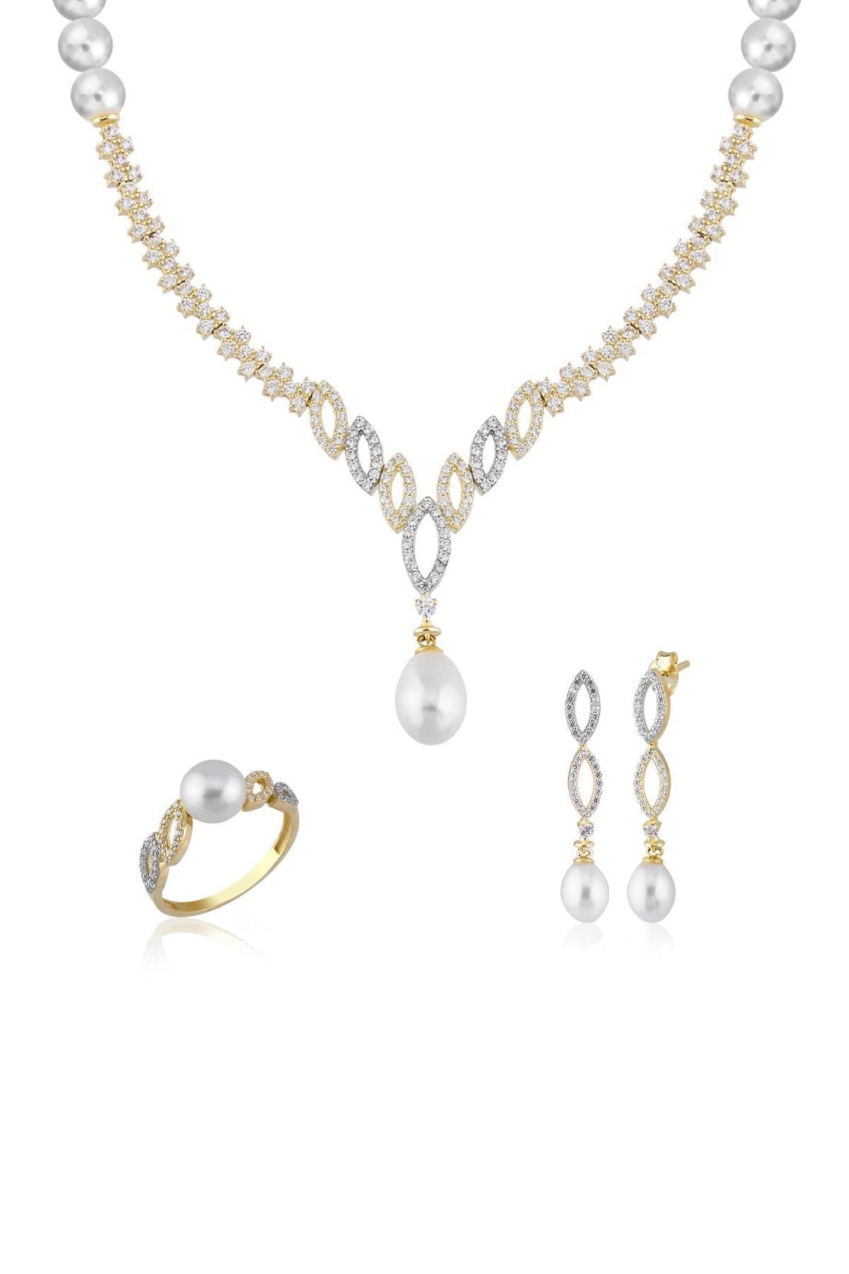 Oval Taşlı Doğal İnci Küpe Kolye Yüzük Üçlü Set