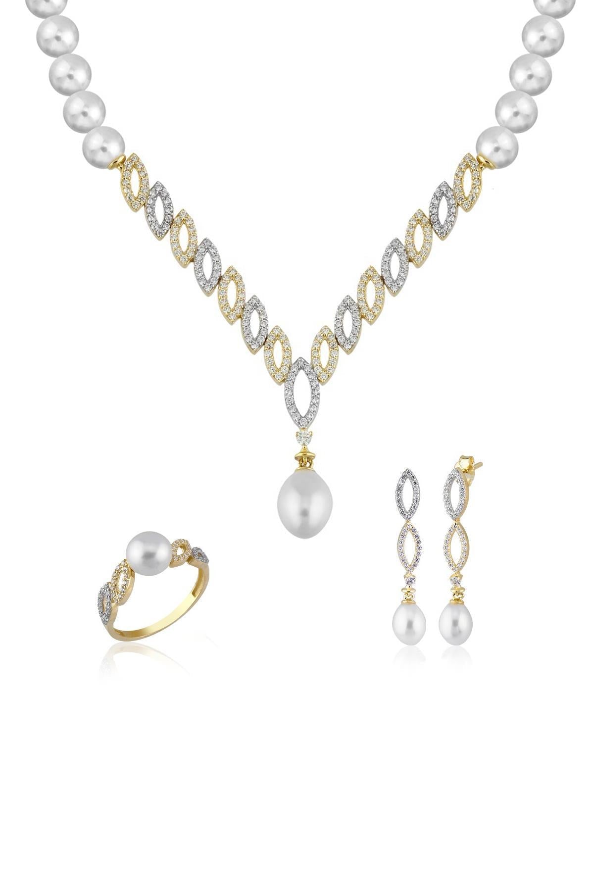 Oval Taşlı Çift Renk Doğal İnci Küpe Kolye Yüzük Üçlü Set