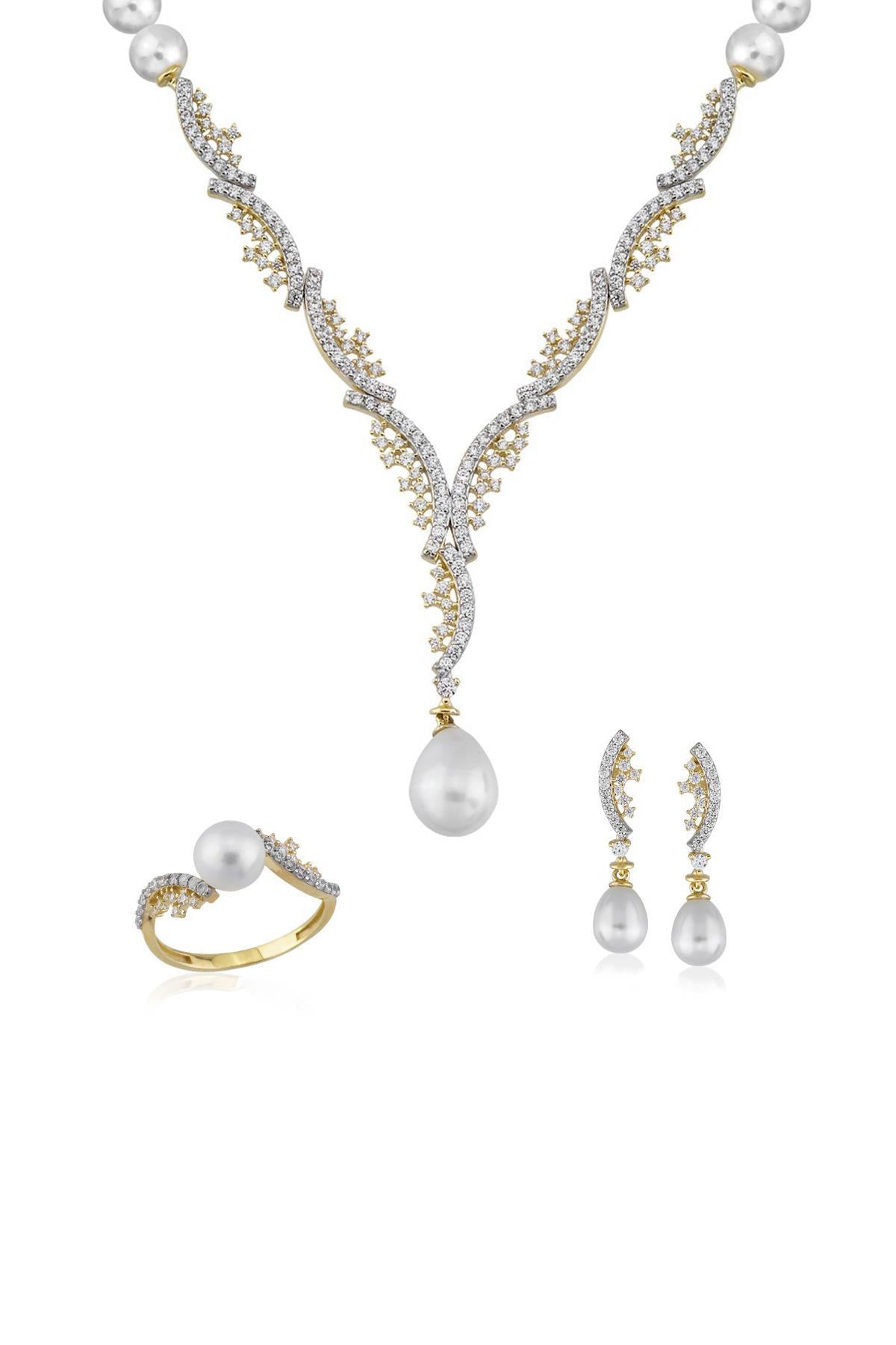 Parantez Taşlı Doğal İnci Küpe Kolye Yüzük Üçlü Set