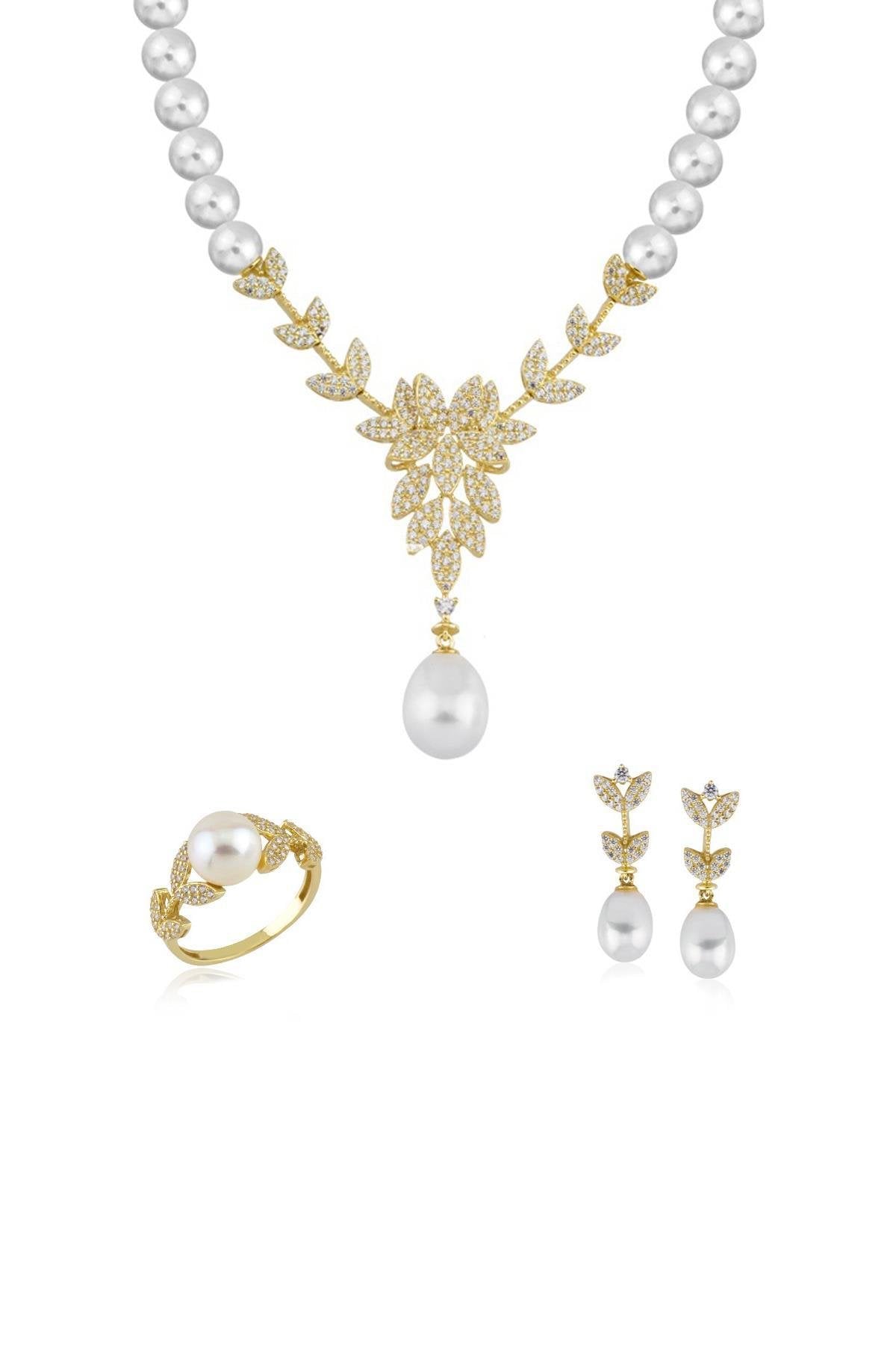 Doğal İnci Küpe Kolye Yüzük Üçlü Set