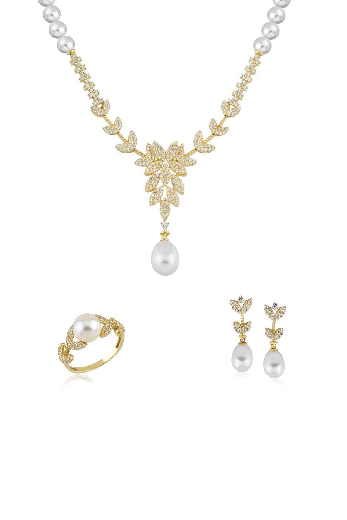 Doğal İnci Küpe Kolye Yüzük Üçlü Set