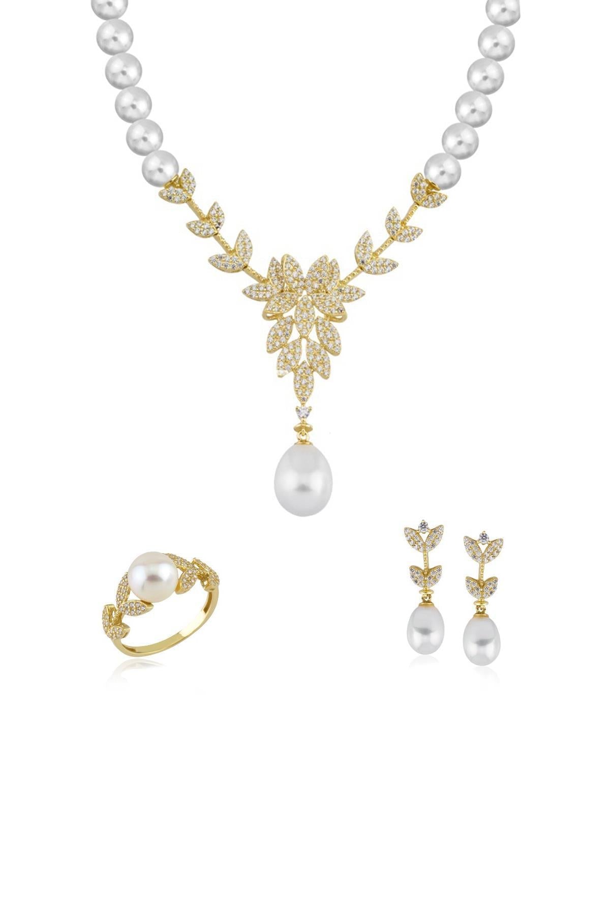 Doğal İnci Küpe Kolye Yüzük Üçlü Set