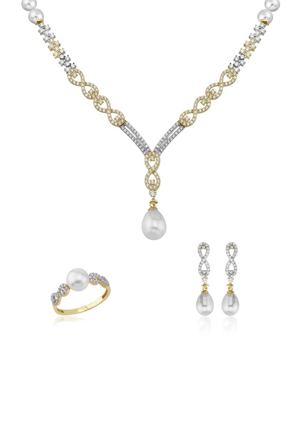 Sonsuzluk Taşlı Doğal İnci Küpe Kolye Yüzük Üçlü Set