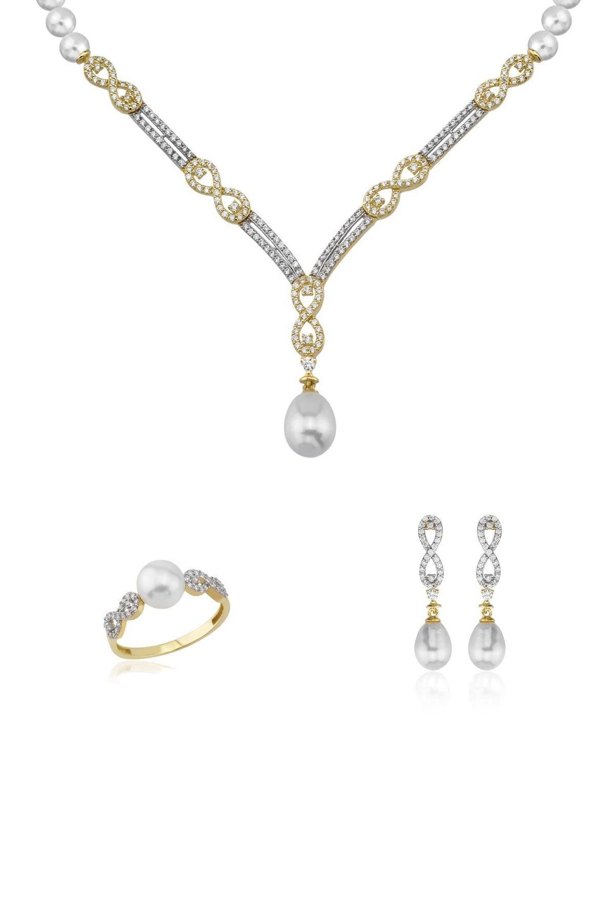 Sonsuzluk Taşlı Doğal İnci Küpe Kolye Yüzük Üçlü Set