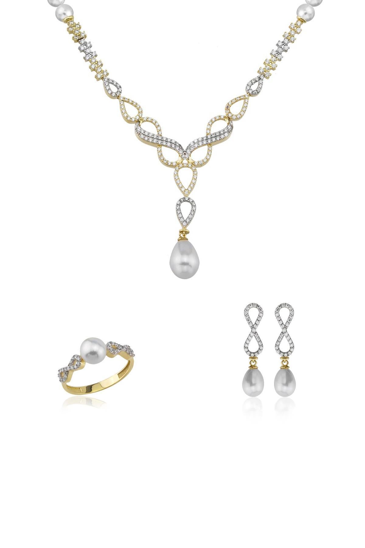 Çift Renkli Doğal İnci Küpe Kolye Yüzük Üçlü Set