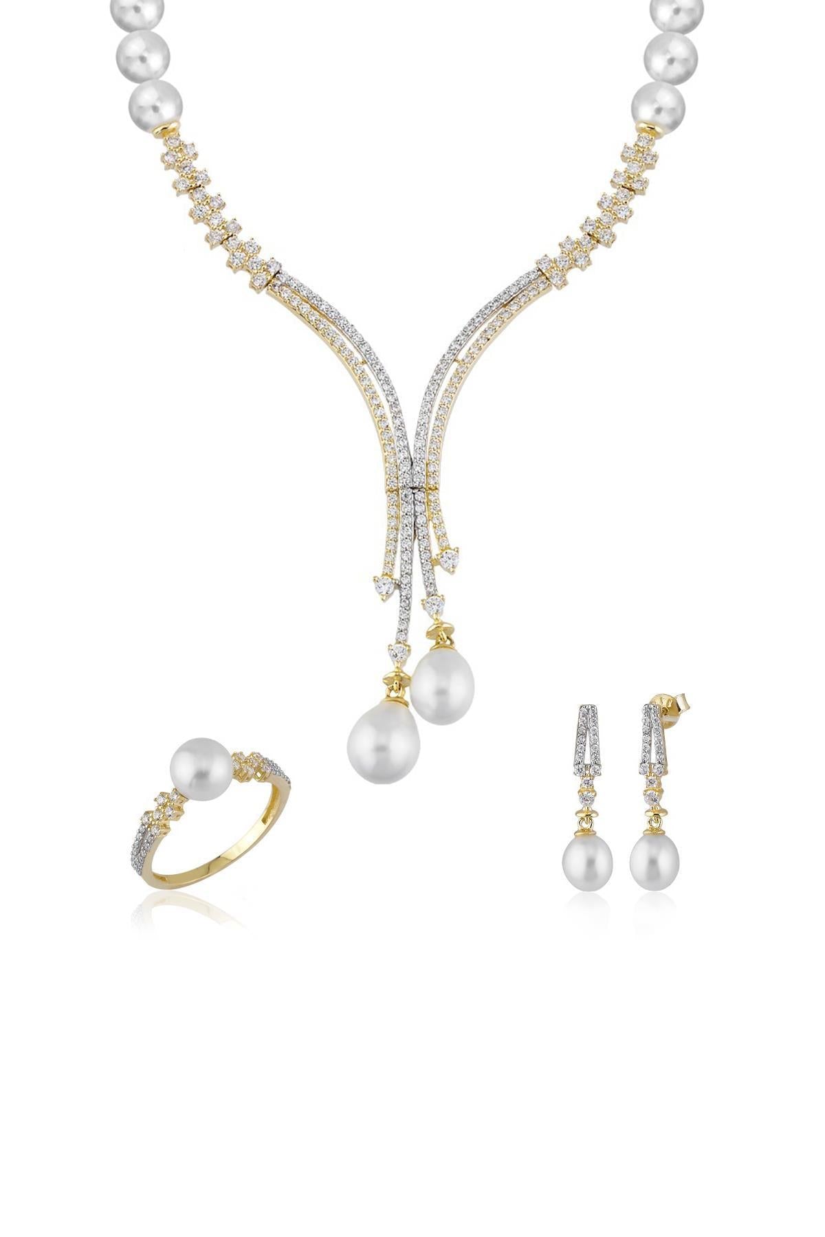 Su Yolu Çift Renk Doğal İnci Küpe Kolye Yüzük Üçlü Set