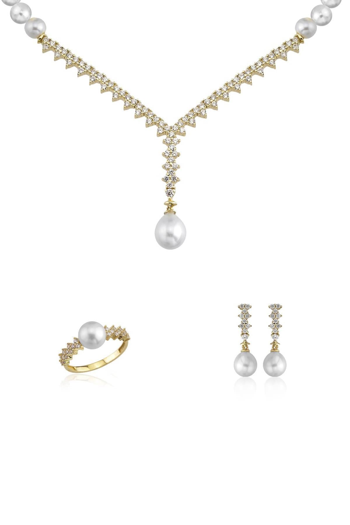 Su Yolu Taşlı Doğal İnci Küpe Kolye Yüzük Üçlü Set