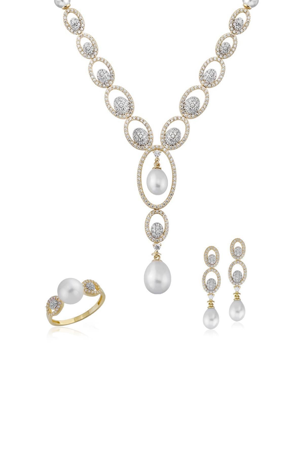 Çift Renk Doğal İnci Küpe Kolye Yüzük Üçlü Set