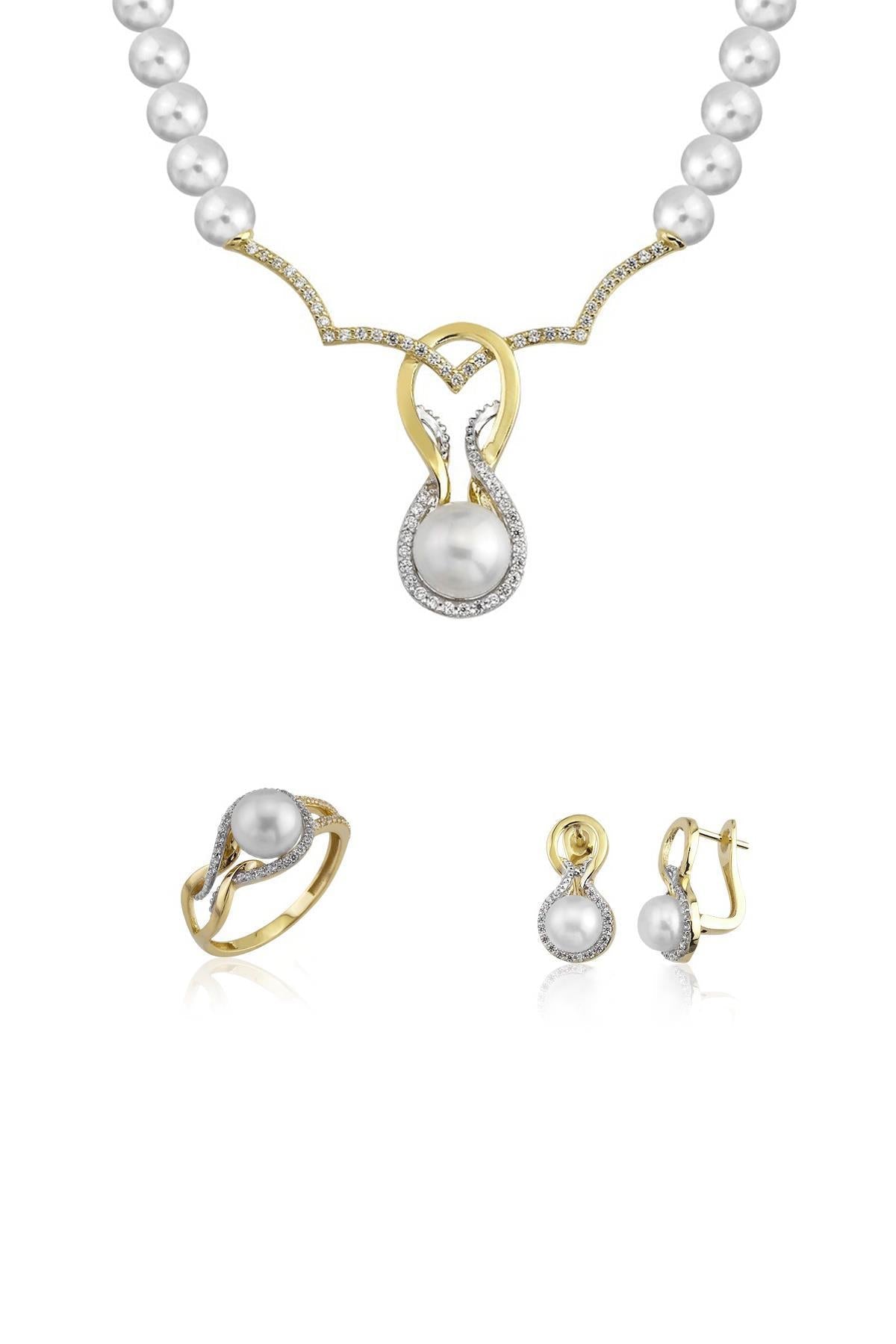 Taşlı Doğal İnci Küpe Kolye Yüzük Üçlü Set