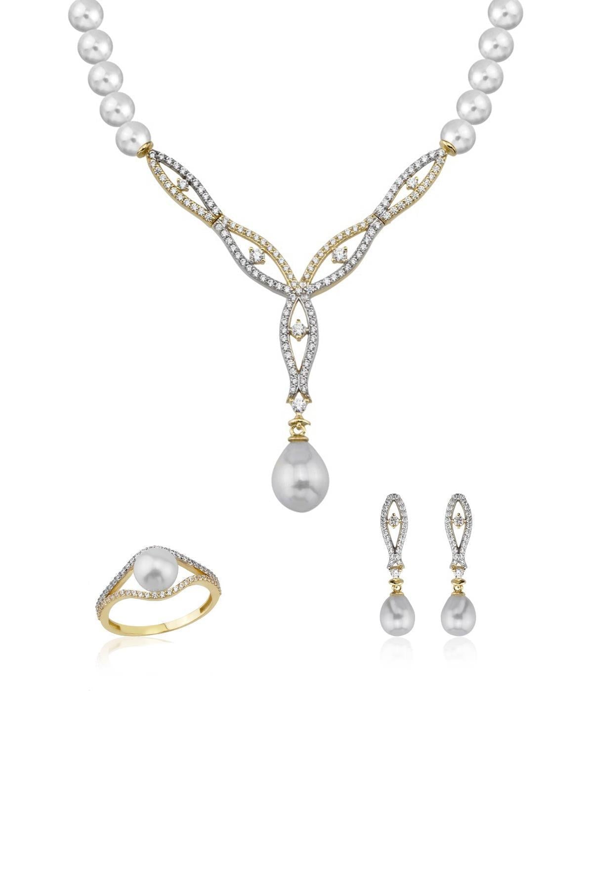 Üç Sıra Oval Doğal İnci Küpe Kolye Yüzük Üçlü Set