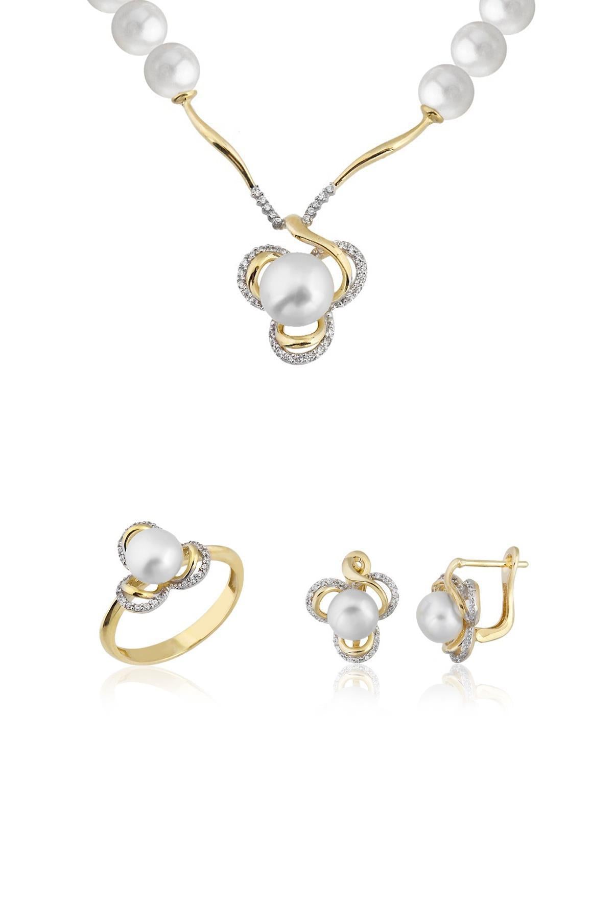 Üç Yaprak Doğal İnci Küpe Kolye Yüzük Üçlü Set