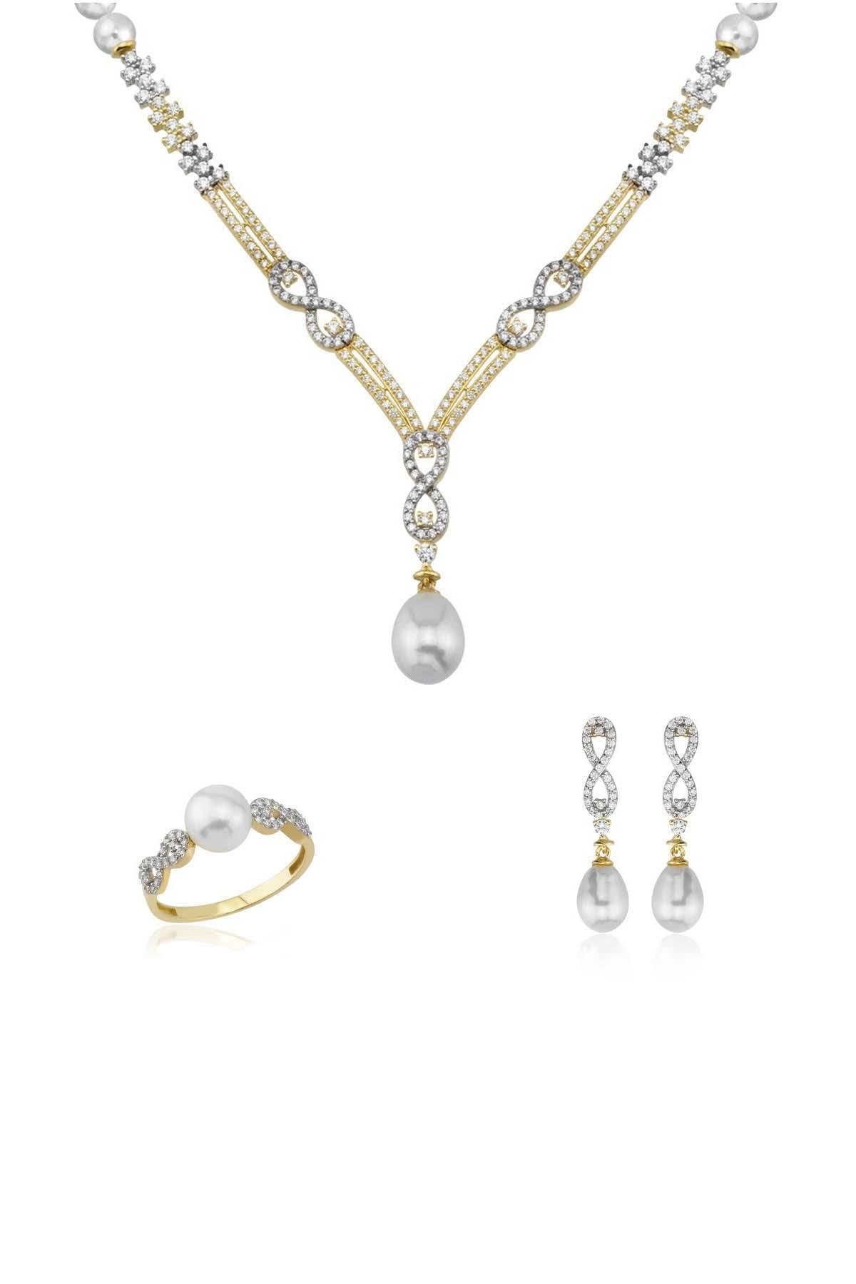 Üçlü Sonsuzluk Taşlı Doğal İnci Küpe Kolye Yüzük Üçlü Set