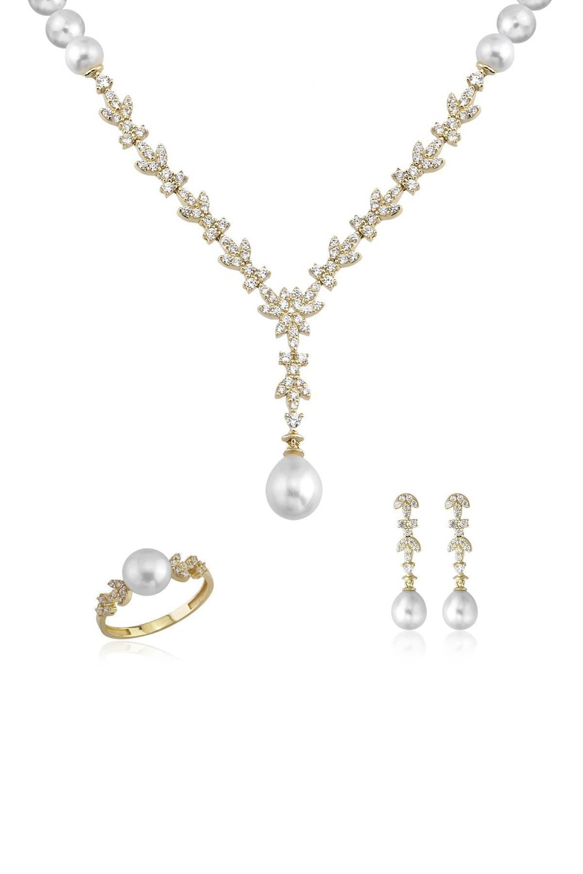 Yapraklı Doğal İnci Küpe Kolye Yüzük Üçlü Set