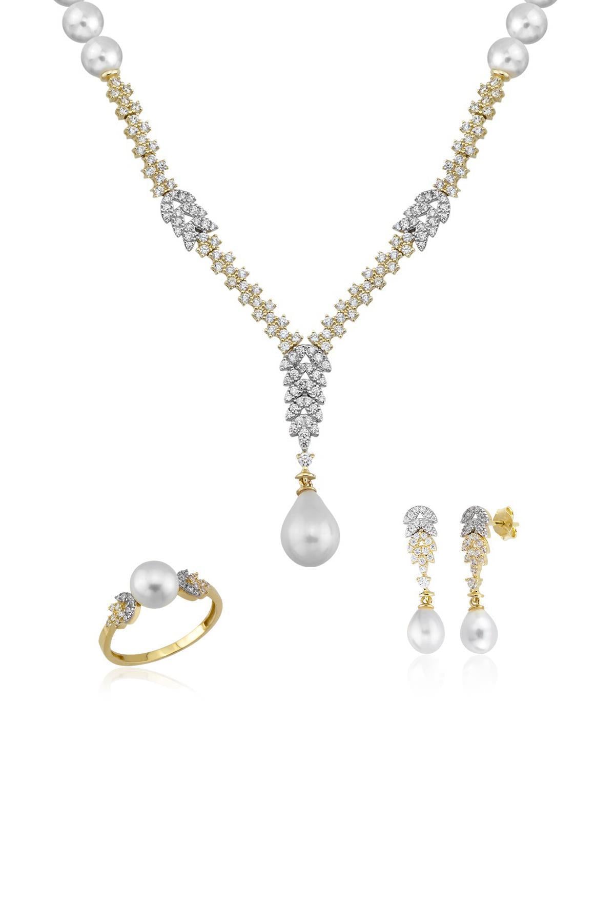 Çift Renk Doğal İnci Küpe Kolye Yüzük Üçlü Set