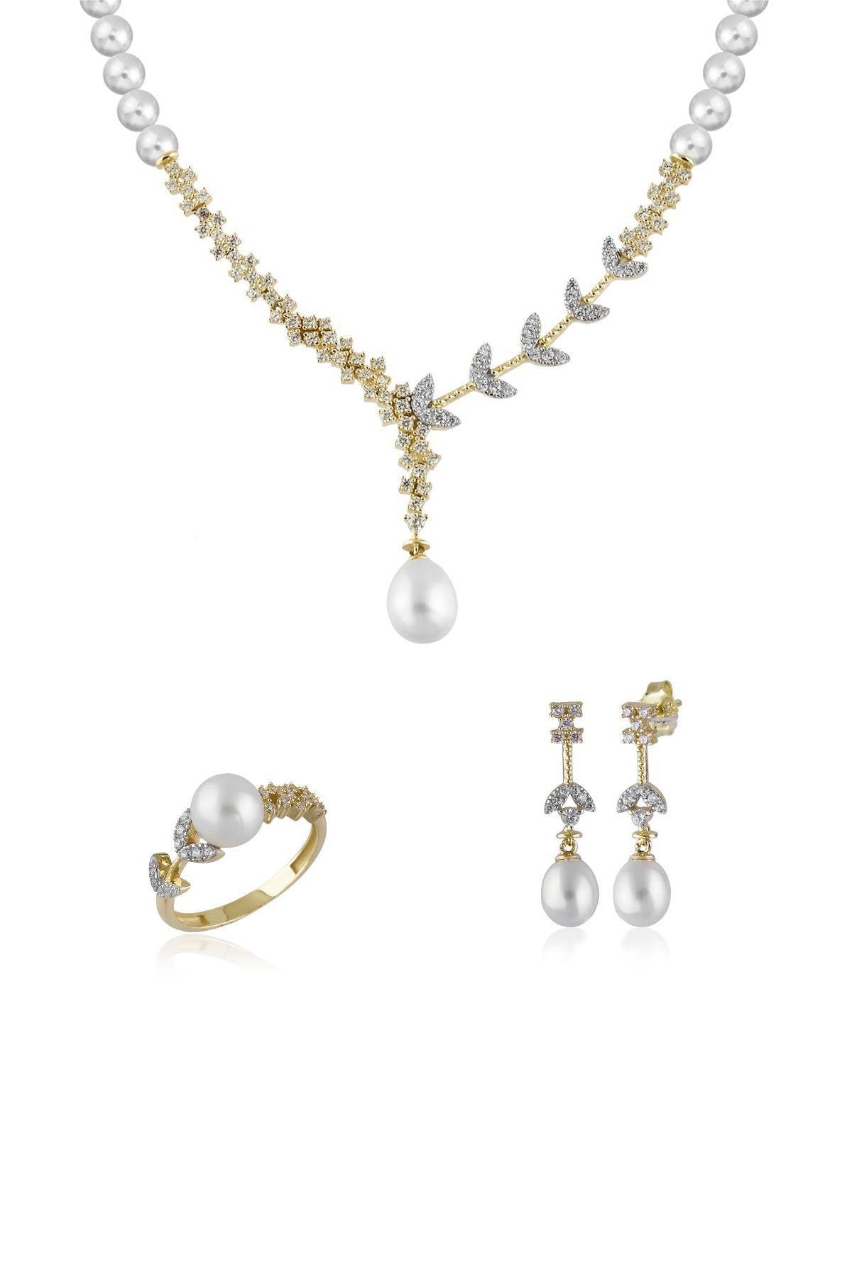 Kalp Modelli Doğal İnci Küpe Kolye Yüzük Üçlü Set