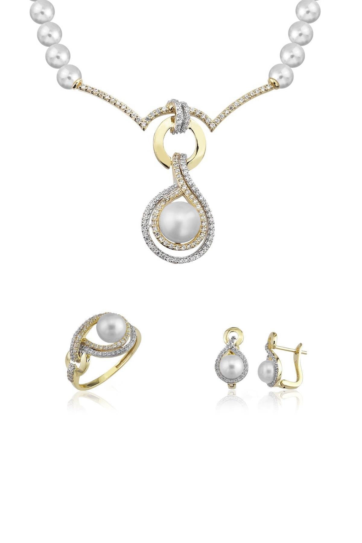 Yuvarlak Taşlı Doğal İnci Küpe Kolye Yüzük Üçlü Set