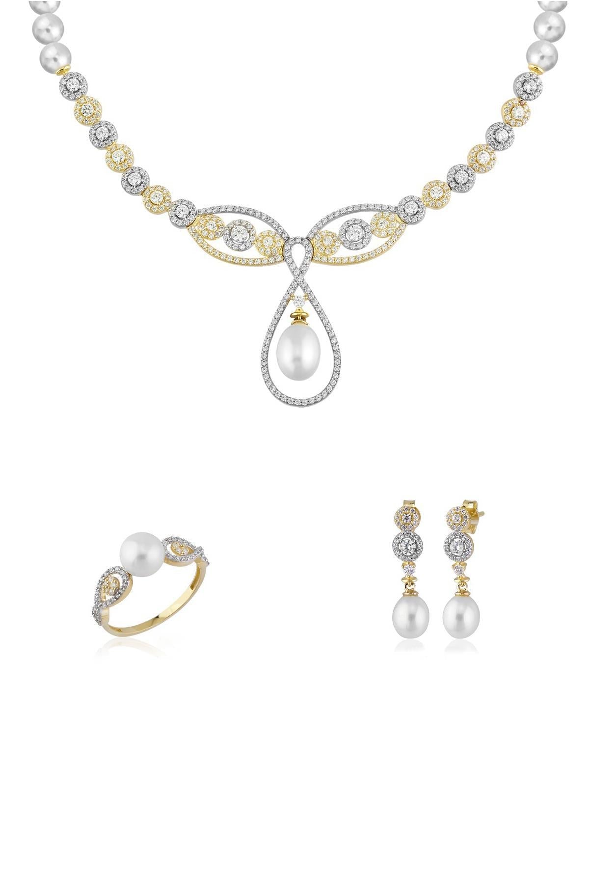 Yuvarlak Taşlı Doğal İnci Küpe Kolye Yüzük Üçlü Set