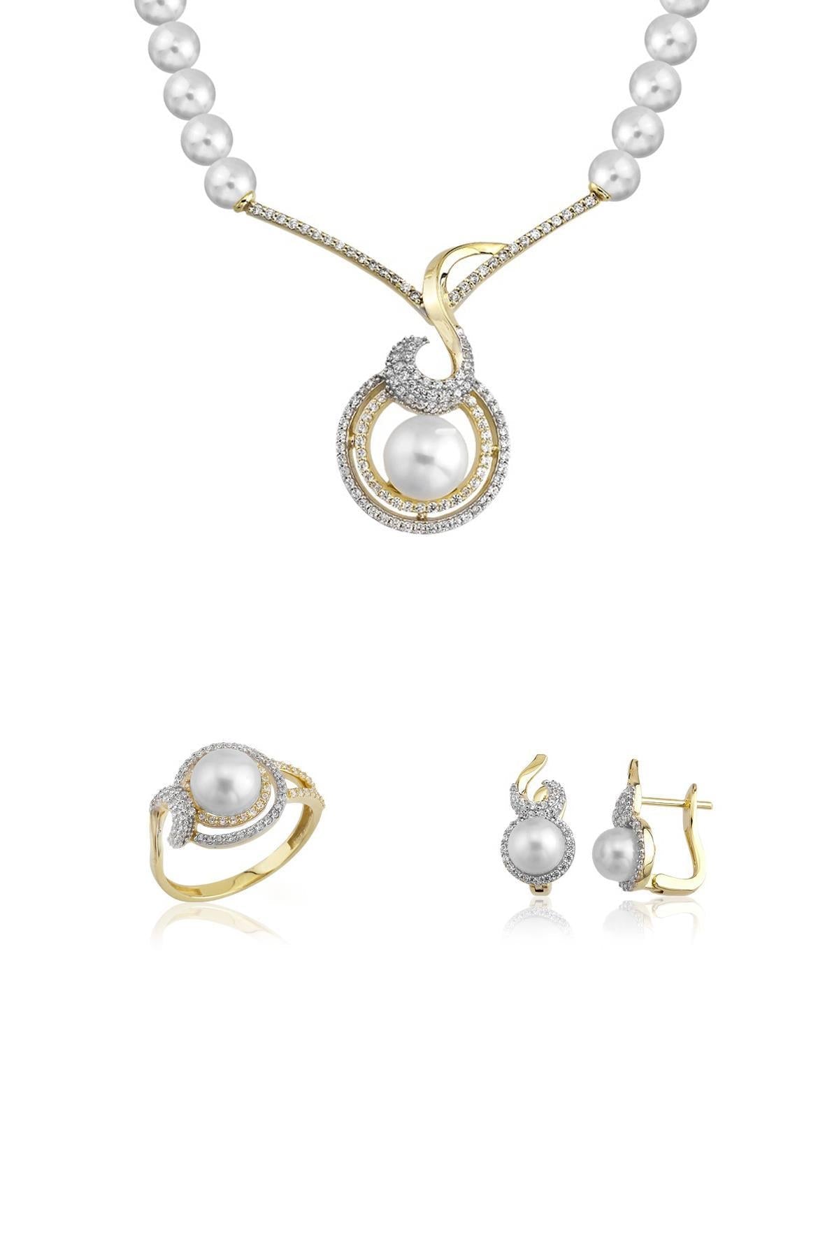 Yuvarlak Taşlı Doğal İnci Küpe Kolye Yüzük Üçlü Set