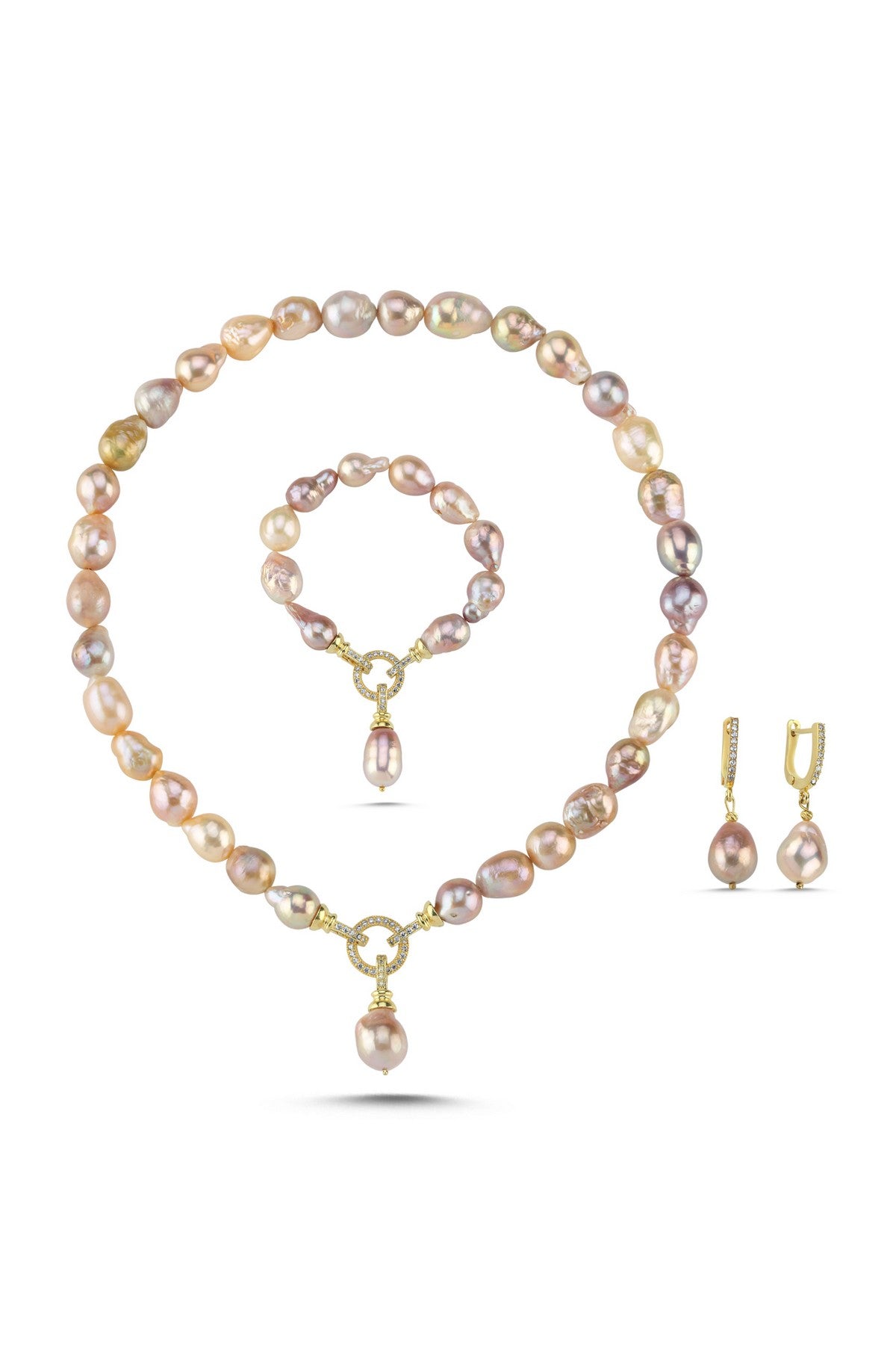 Halka Kilitli Multicolor Doğal Barok İnci Küpe Kolye Bileklik Üçlü Set