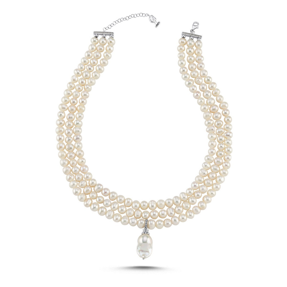 3 Sıra Barok Uçlu Doğal İnci Kolye