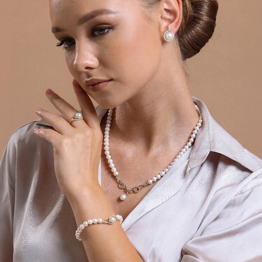 Taşlı Doğal İnci Kolye Bileklik Yüzük Küpe Dörtlü Set