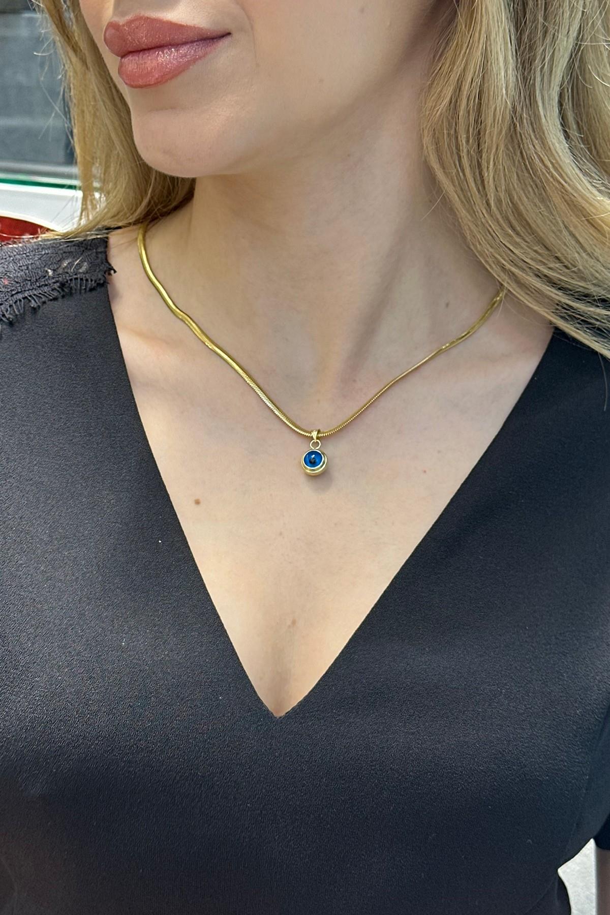 14 Ayar Altın Balık Sırtı Nazar Boncuklu Kolye