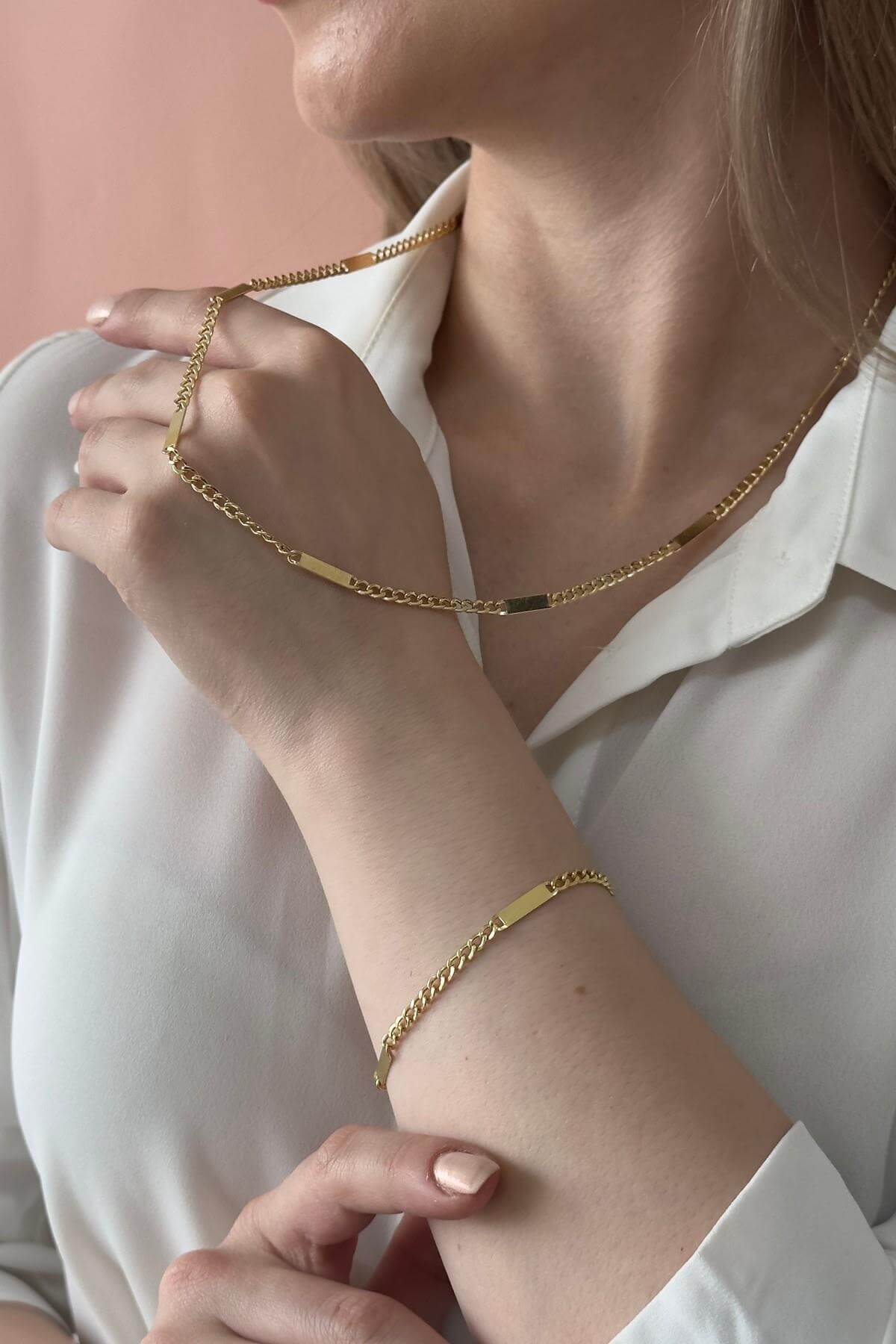 14 Ayar Altın Plakalı Gurmet Zincir Kolye Bileklik İkili Set